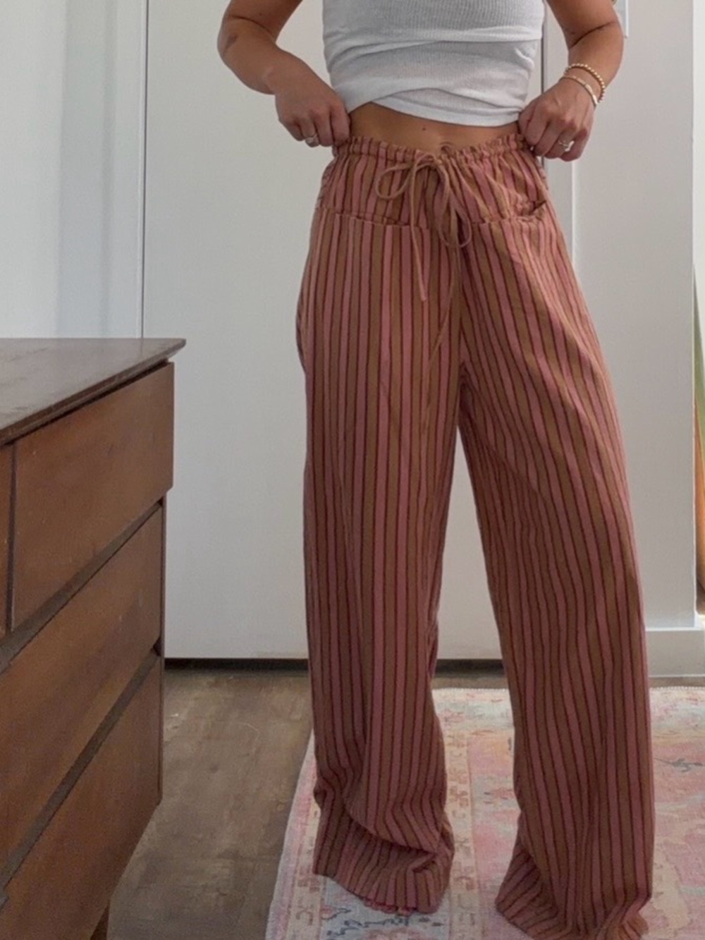 Free People Rust and Brown Striped Wide-Leg Drawstring Pants